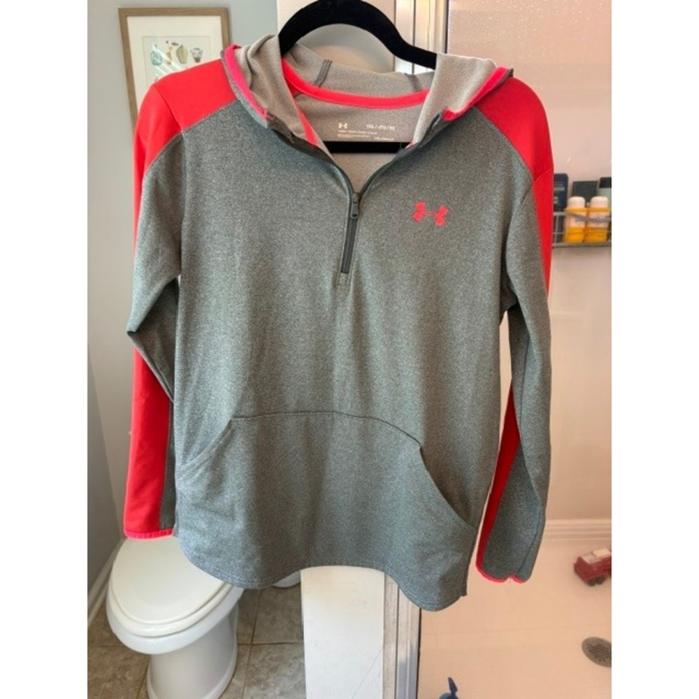Under Armour ColdGear Youth‎ XL Hoodie Grey Pink Quarter Zip Pullover Sweatshirt